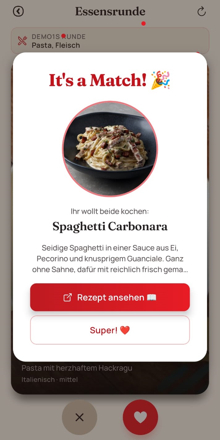 Ein Essens-Match in DatePick: beide haben dasselbe Gericht gewählt, dazu ein Rezept-Link.