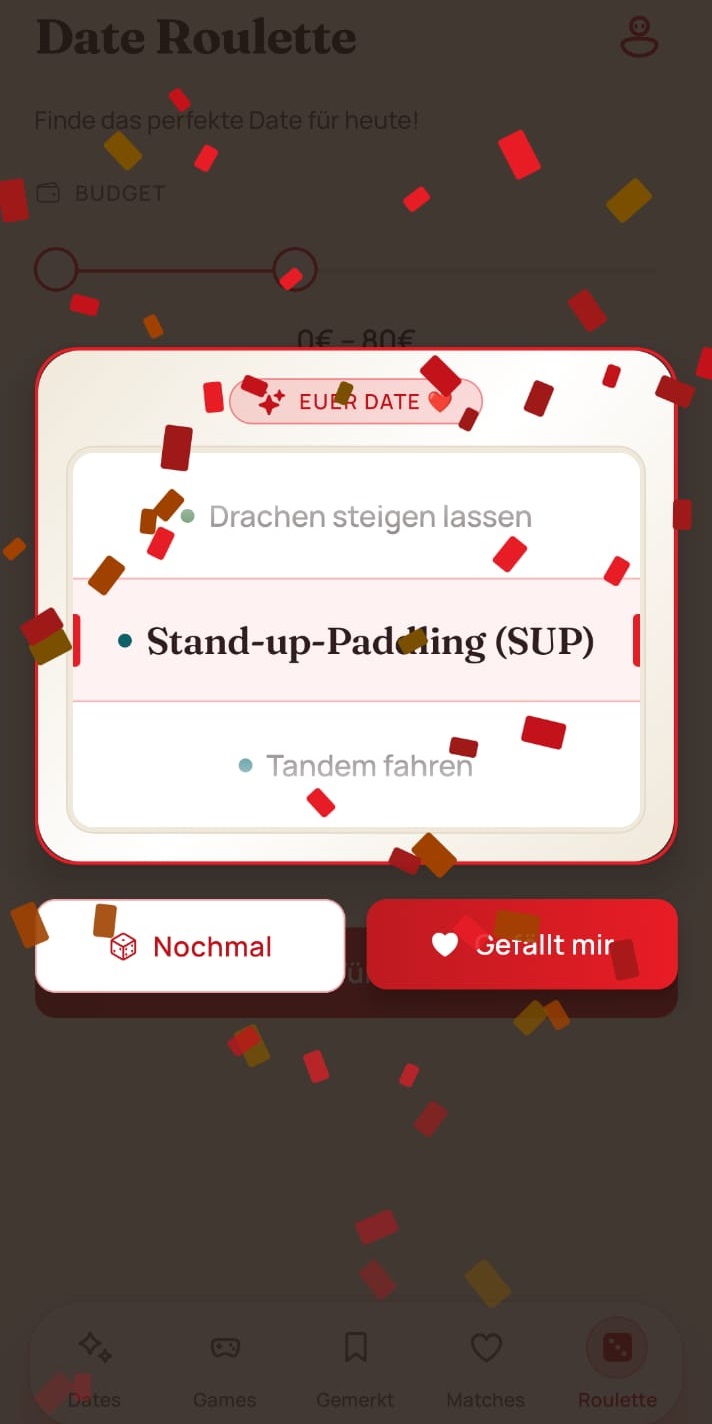 Das Date Roulette in DatePick: eine Walze rastet auf „Stand-up-Paddling“ ein, Konfetti fällt.