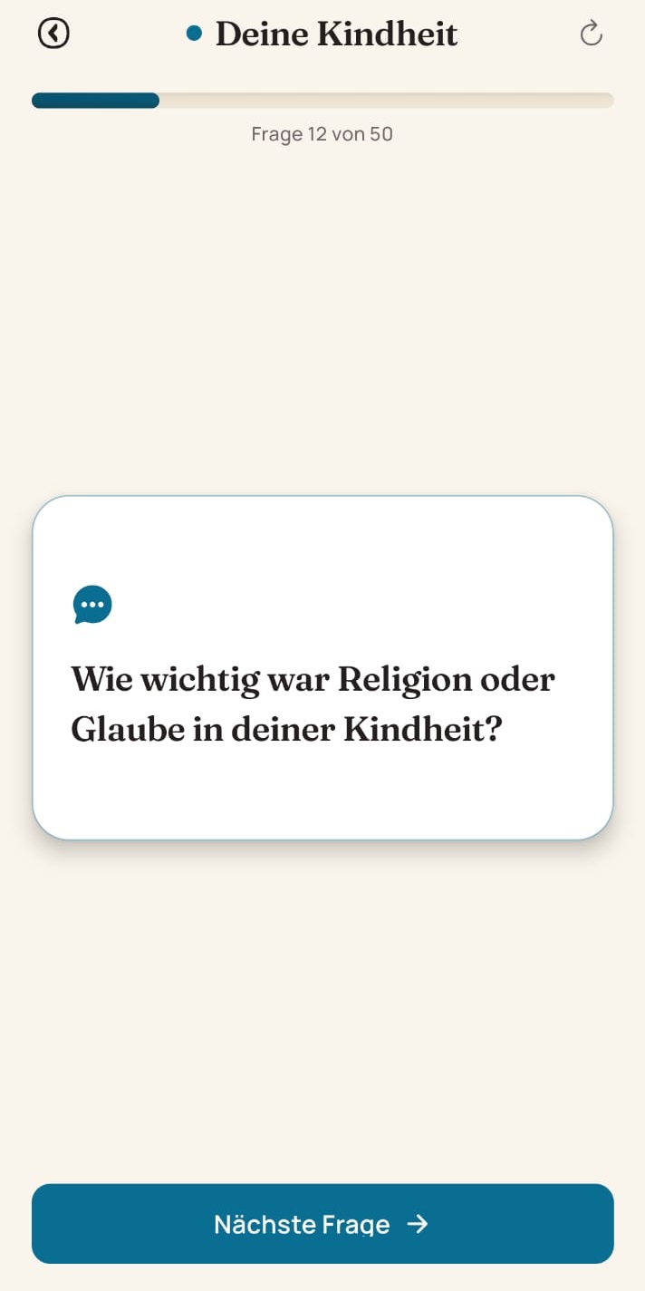 talk2me in DatePick: eine Gesprächsfrage auf einer Karte, darunter „Nächste Frage“.
